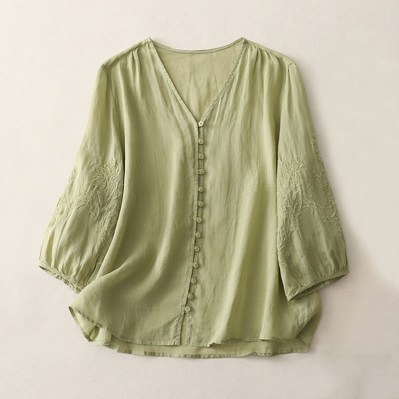 Buddha Stones Embroidery Button-down Women's Cotton Linen Shirt
