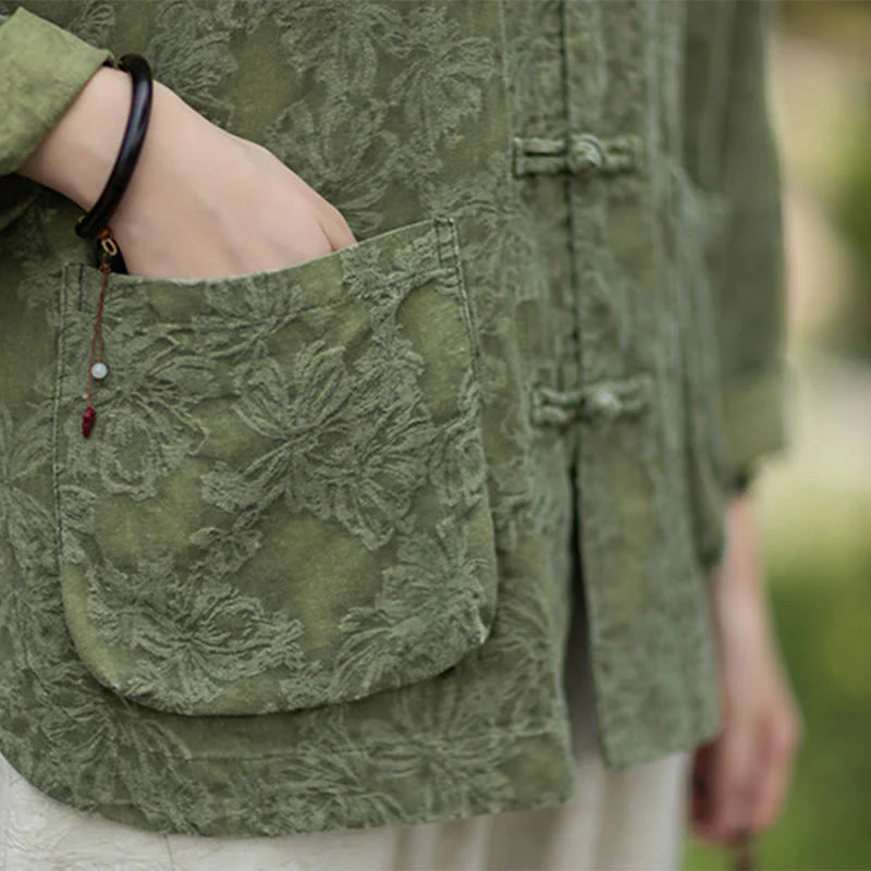 Buddha Stones Fall Jacquard Women's Frog-Button Long Sleeve Shirt Pants Cotton Linen Clothing