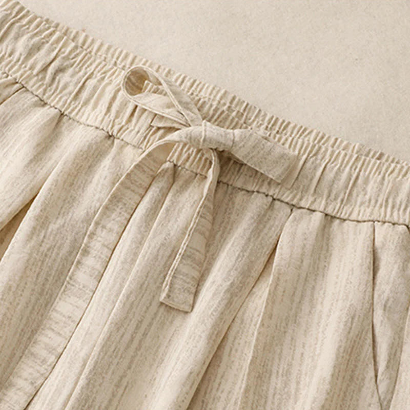 Buddha Stones Casual Summer Lace-Up Texture Design Women's Cotton Wide Leg Pants With Pockets