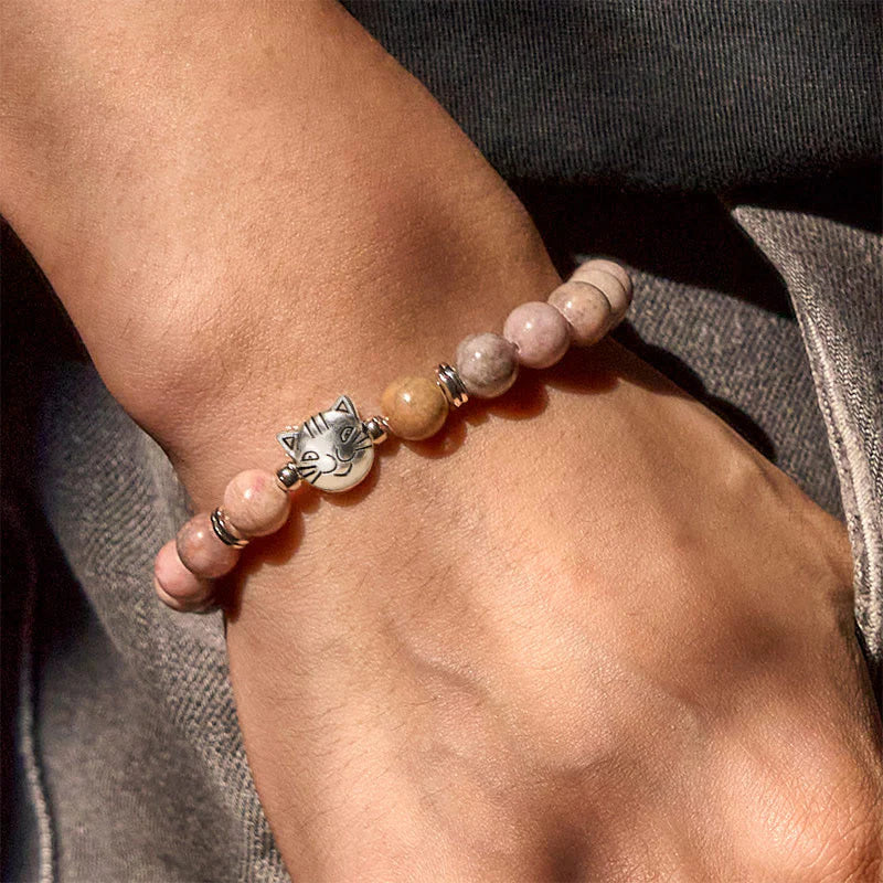 Buddha Stones 8mm Cat Design Zebra Jasper Protection Bracelet
