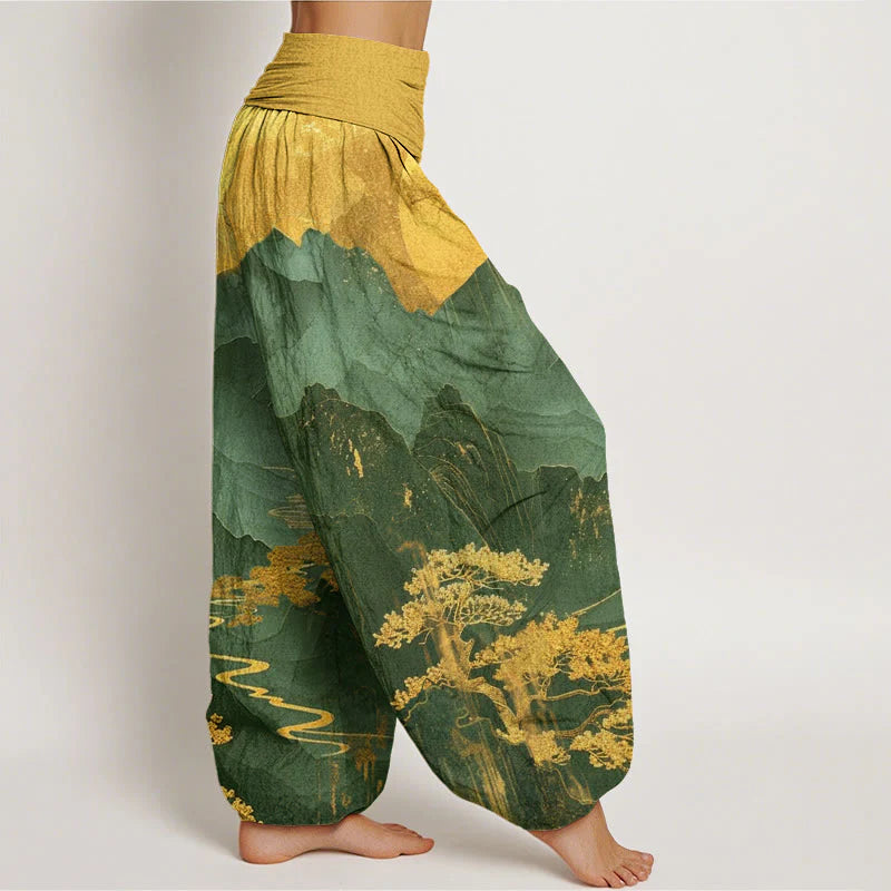 Buddha Stones Cotton Casual Mountains Trees Branches Pattern Women's Elastic Waist Harem Pants