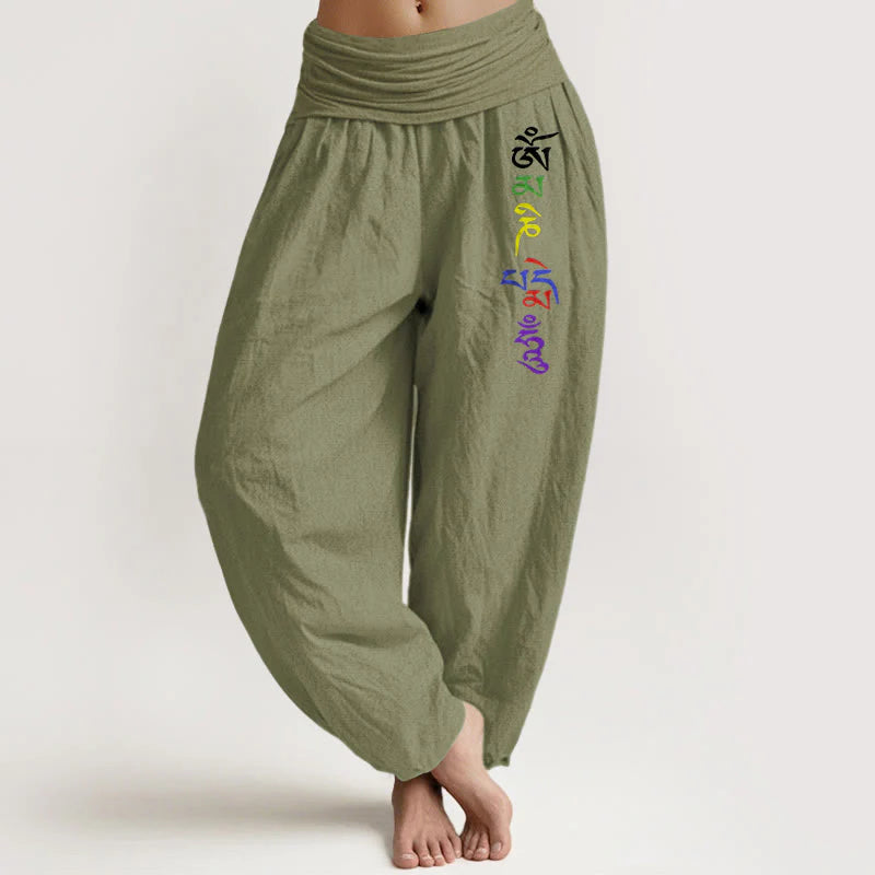 Buddha Stones Pure Cotton Om Symbol Tibetan Script Pattern Women's Elastic Waist Harem Pants