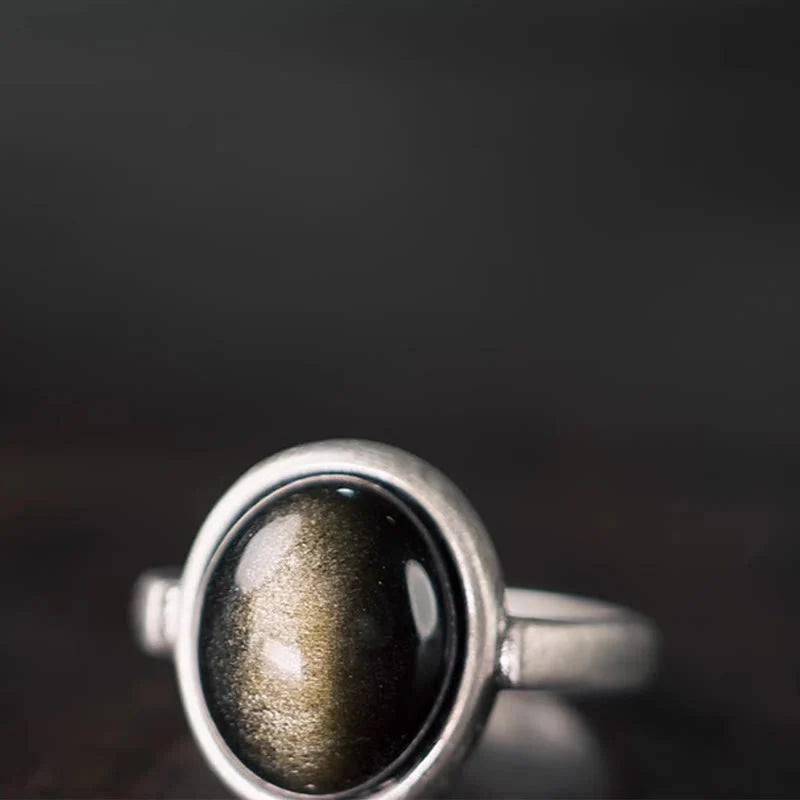 Buddha Stones Natural 925 Sterling Silver Gold Sheen Obsidian Adjustable Wealth Ring