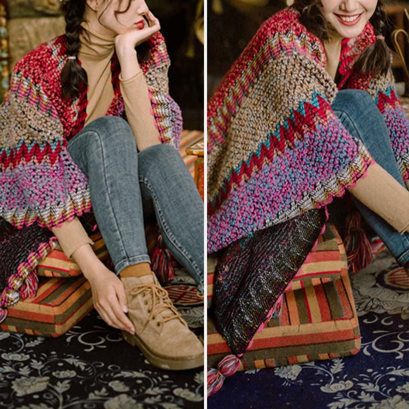 Buddha Stones Tibetan Shawl Warm Cloak Tibetan Tassel Scarf
