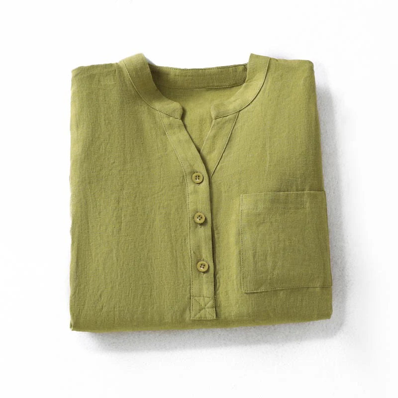 Buddha Stones Spring Dark Khaki Stand Collar Half Buttons Design Women's Long Sleeve Shirt