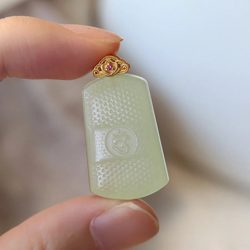 Buddha Stones Hetian Jade 925 Sterling Silver Om Symbol Prosperity Necklace Pendant