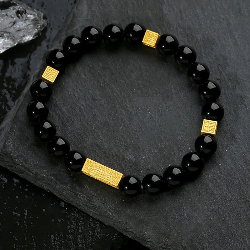 Buddha Stones Black Obsidian 925 Sterling Silver Fu Character Cube Strength Bracelet