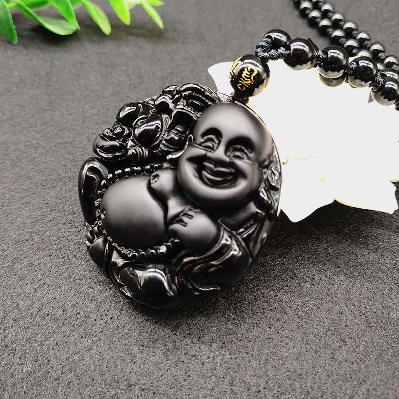 Buddha Stones Laughing Buddha Pattern Black Obsidian Glass Fulfilment Necklace Pendant