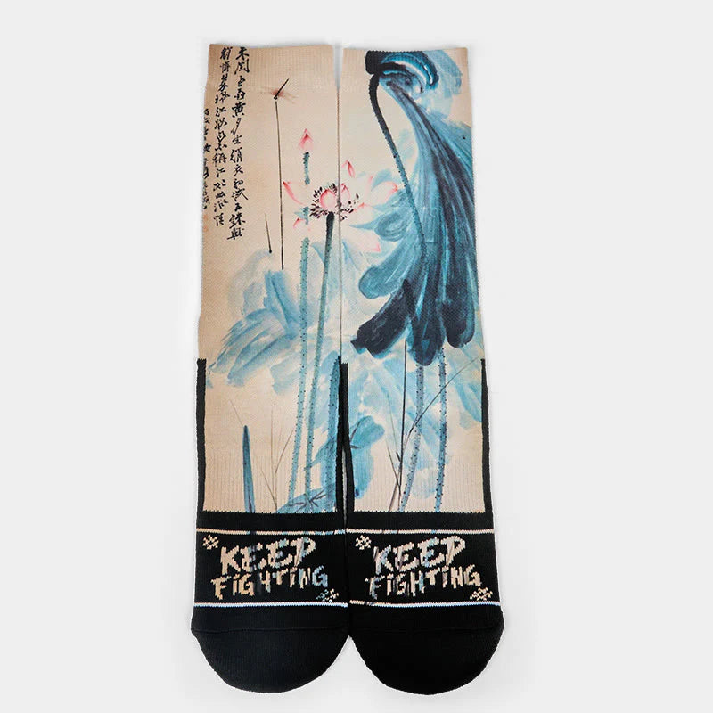 Buddha Stones Casual Lotus Chinese Landscape Painting Micro Crew Men Women Unisex Socks