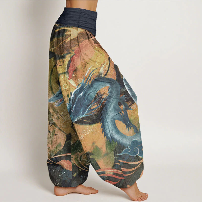 Buddha Stones Pure Cotton Dragon Auspicious Clouds Pattern Women's Elastic Waist Harem Pants