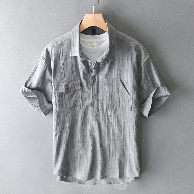 Buddha Stones Summer Solid Pleated Design Men's Half Button Short Sleeve Cotton Ramie Shirt