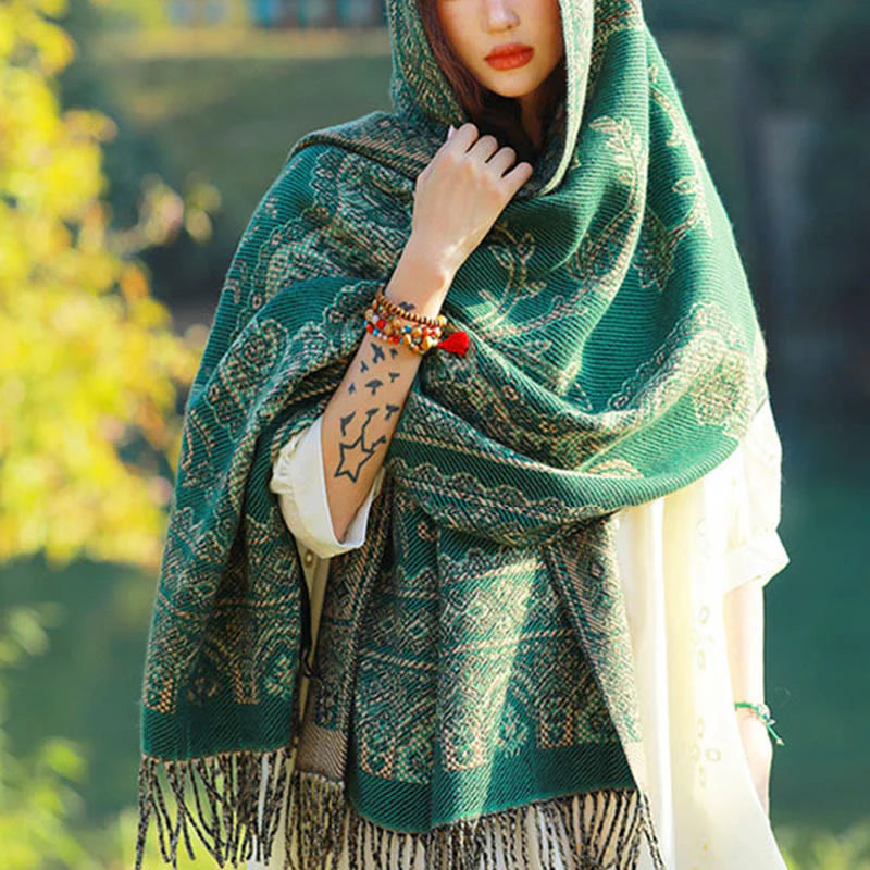 Buddha Stones Jacquard Ethnic Paisley Plants Pattern Tassel Soft Thermal Scarf Shawl