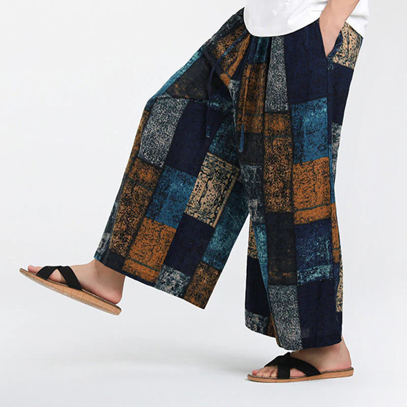 Buddha Stones Summer Patchwork Design 7-8 Length Men's Wide Leg Pants With Pockets