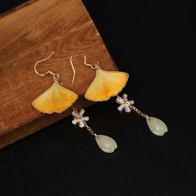 Buddha Stones Handmade Silk Craft Yellow Ginkgo Leaf Copper Hook Good Fortune Dangle Earrings