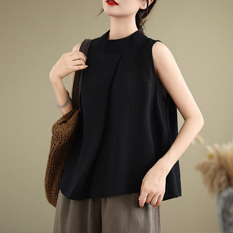 Buddha Stones Casual Plain Back Buttom Design Stand Collar Cotton Linen Women's Sleeveless Vest