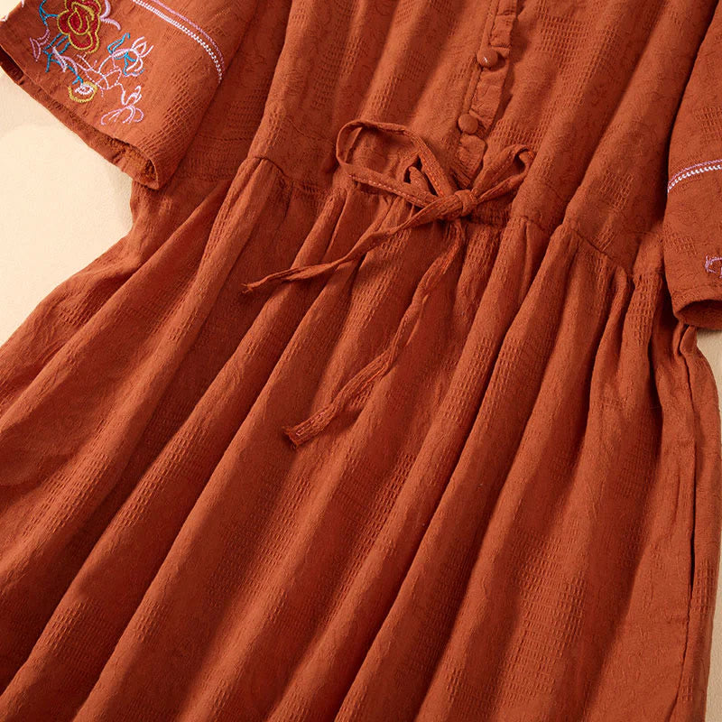 Buddha Stones Summer V-Neck Floral Embroidery Design Short Sleeve Cotton Midi Dress With Pockets