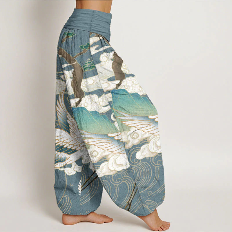 Buddha Stones Pure Cotton Flying Cranes Auspicious Clouds TreeÂ women's Elastic Waist Harem Pants