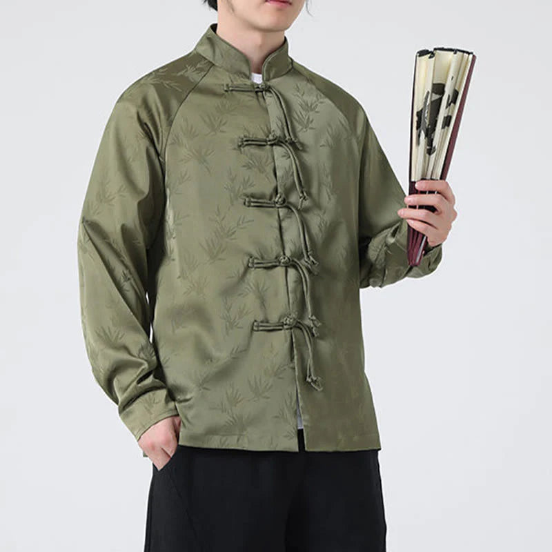 Buddha Stones Spring Jacquard Bamboo Leaves Pattern Chinese Frog-Button Design Men's Long Sleeve Shirt