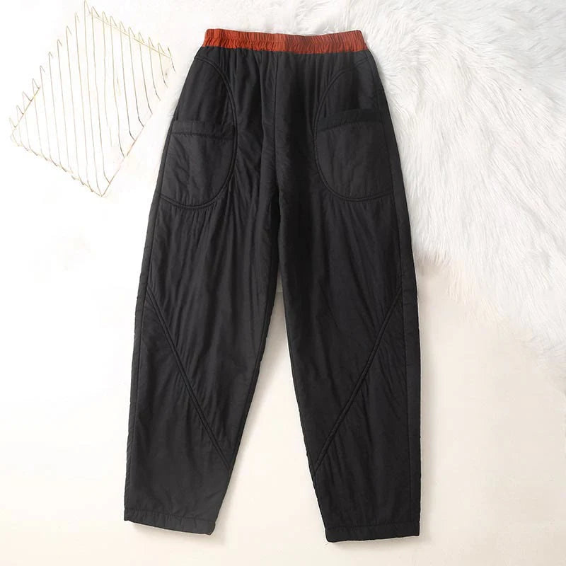 Buddha Stones Women's Winter Plain Elastic Waist Design Thickened Harem Pants With Pockets