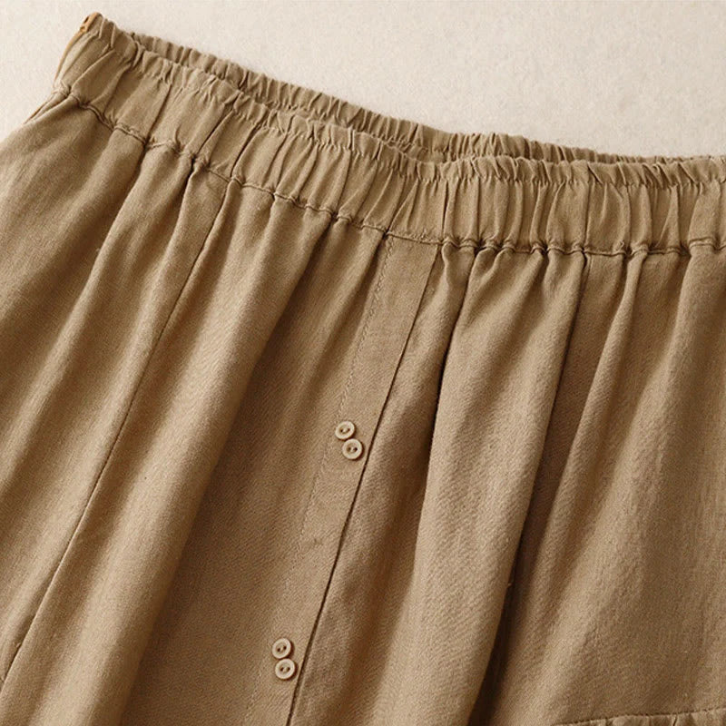 Buddha Stones A-line Buttons Slit Design Elastic Waist Cotton Women's Skirt With Pockets