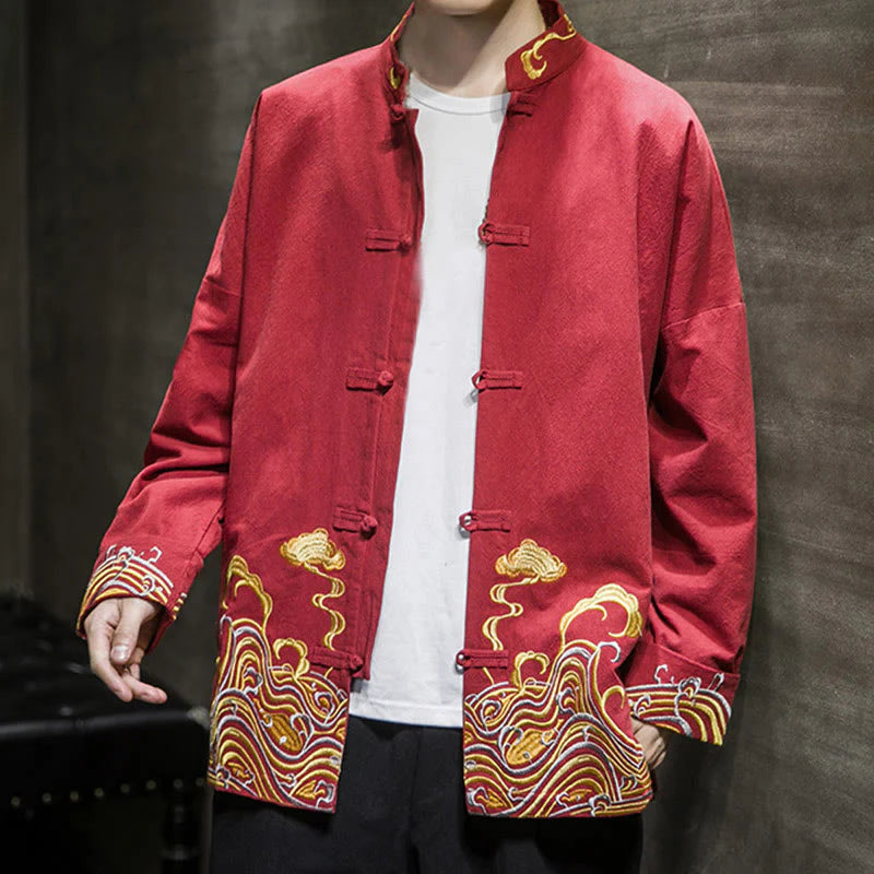 Buddha Stones Embroidered Clouds Frog-Button Long Sleeve Men's Cotton Tang Suit Jacket