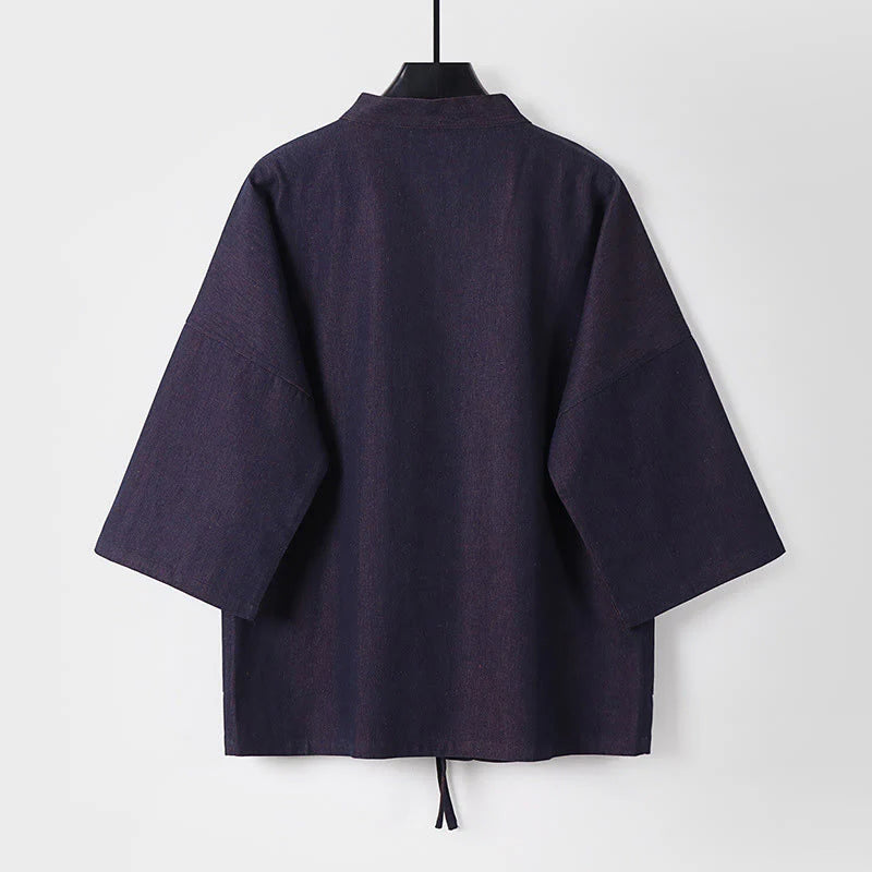 Buddha Stones Solid Lace-up Open Front Three Quarter Sleeve Jacket Men's Denim Cotton Kimono