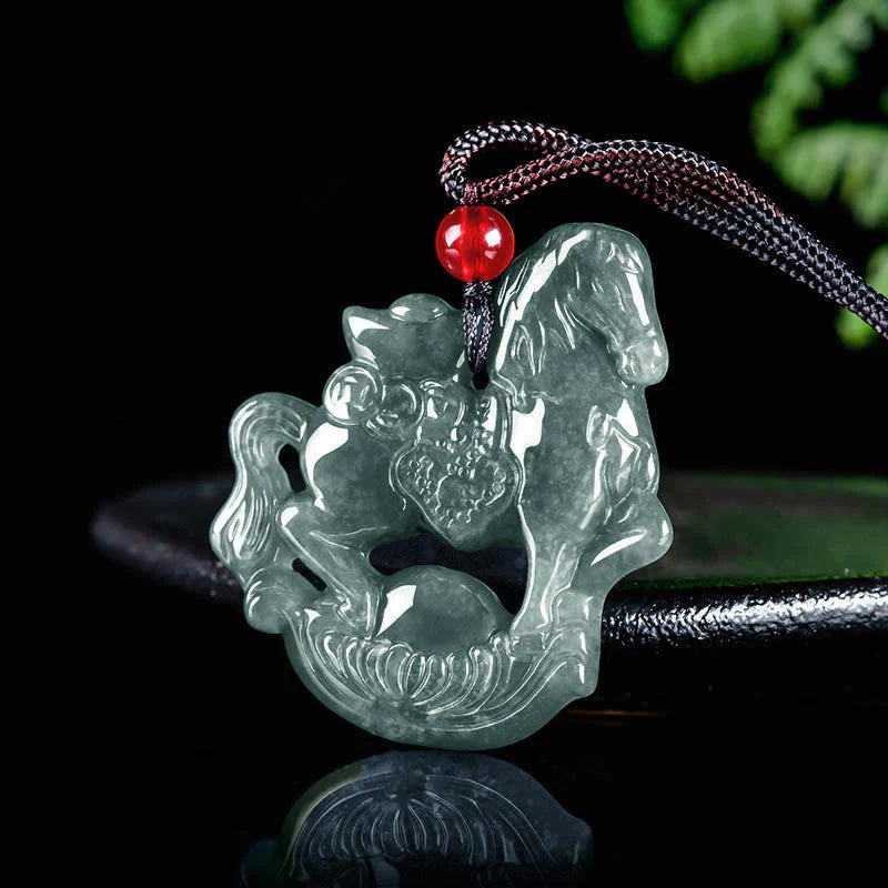 Buddha Stones Year of the Horse Jade Ingot Luck Prosperity Rope Necklace Pendant