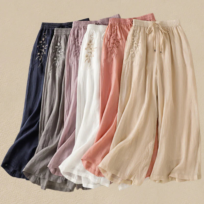 Buddha Stones Commute Embroidery Drawstring Women's Cotton Wide Leg Pants With Pockets
