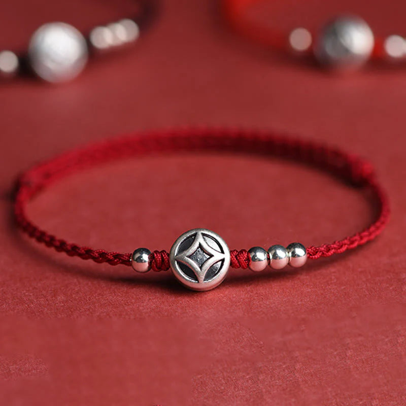 Buddha Stones 999 Sterling Silver Copper Coin Charm Handmade String Strength Bracelet Anklet