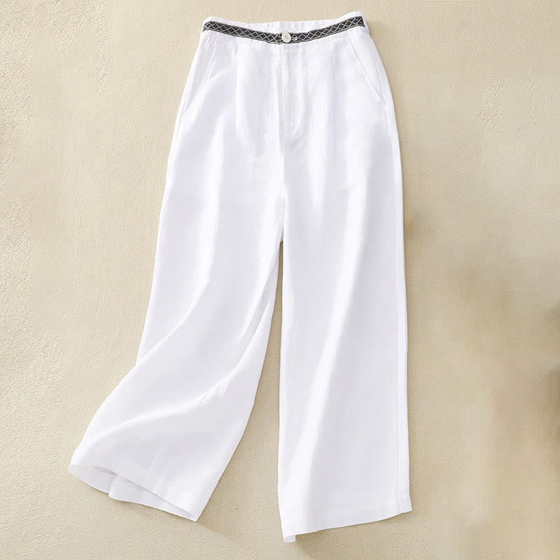 Buddha Stones Solid Color Front Button Back Elastic Cotton Linen Women's Pants With Pockets