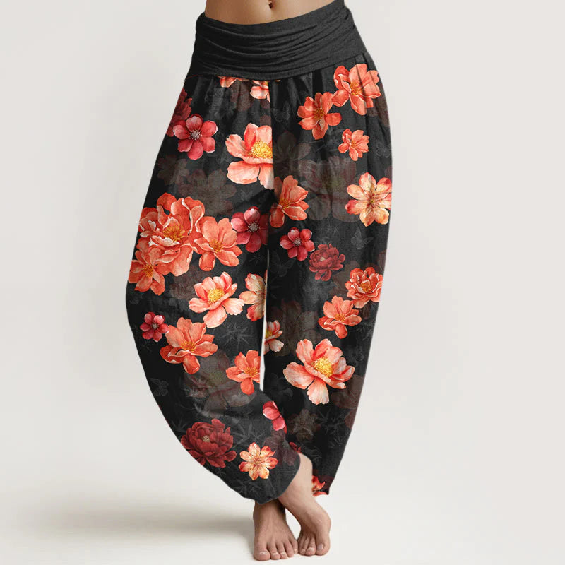 Buddha Stones Cotton Intensely Colored Flower Pattern Women's Elastic Waist Harem Pants