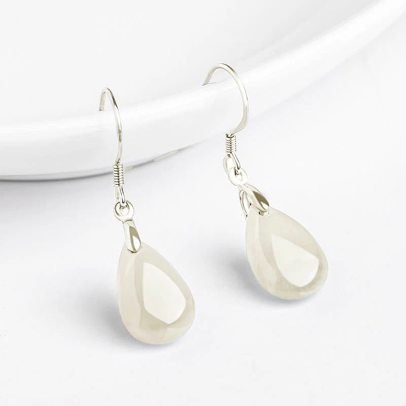 Buddha Stones 925 Sterling Silver Jade Water Drop Pattern Luck Prosperity Dangle Earrings