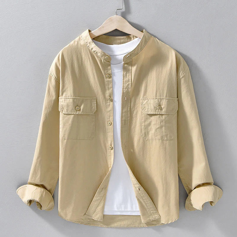 Buddha Stones Crew Neck Solid Color Men's Long Sleeve Cotton Thickened Jacket With Pockets
