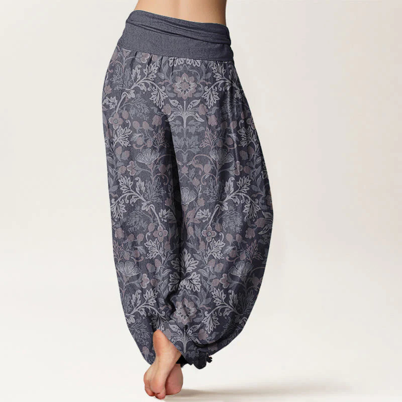 Buddha Stones Pure Cotton Casual Flower Vine Leaves Pattern Women's Elastic Waist Harem Pants