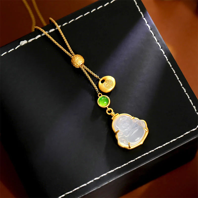 Buddha Stones Fu Character Laughing Buddha Chalcedony Copper Fortune Necklace Pendant