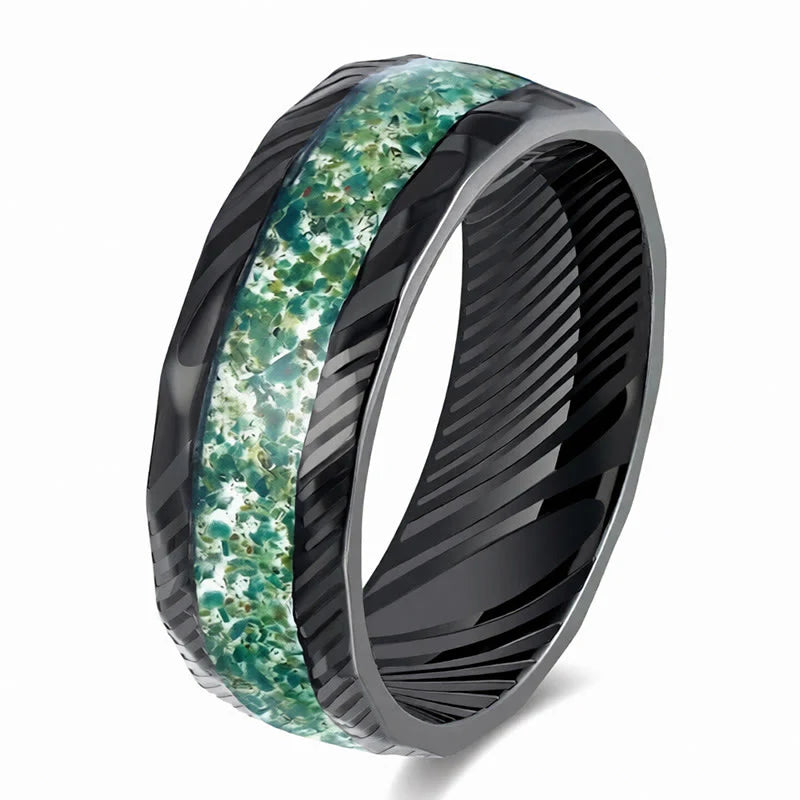 Buddha Stones Faceted Natural Inlay Titanium Steel Strength Ring