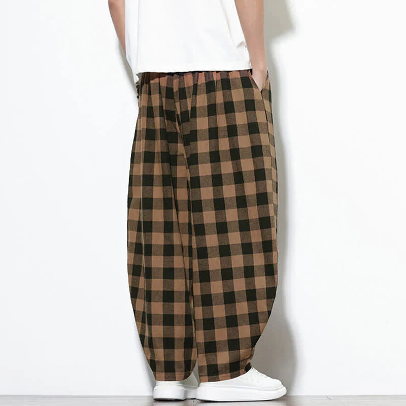 Buddha Stones Summer Plaid Pattern High Waist Drawstring Men's Harem Pants With Pockets