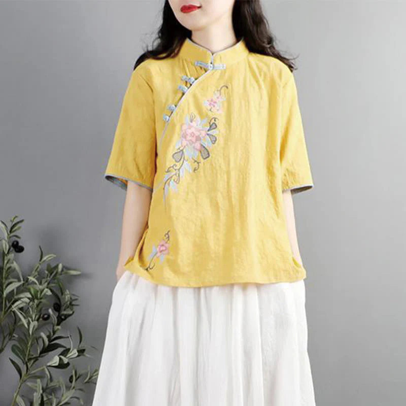 Buddha Stones Summer Flower Embroidery Half Sleeve Frog-Button Mandarin Collar Cotton Linen Women's Shirt