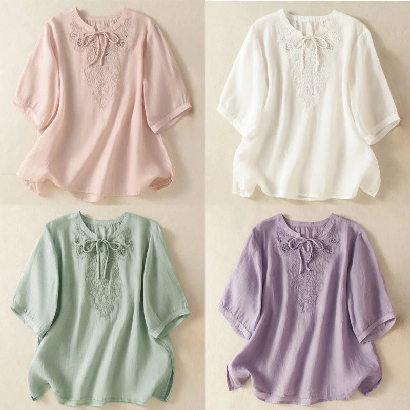 Buddha Stones Summer Embroidery Flower Lace-up Design Notched Collar Women's Short Sleeve Shirt