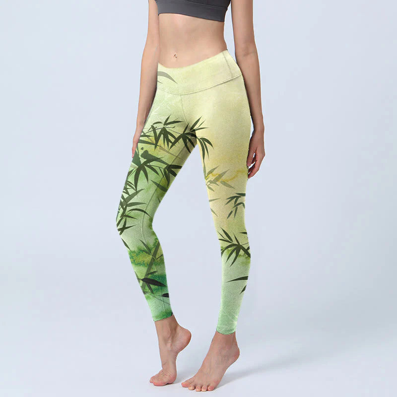 Buddha Stones Blooming Bamboo Pattern Print Gym Leggings Women's Yoga Pants