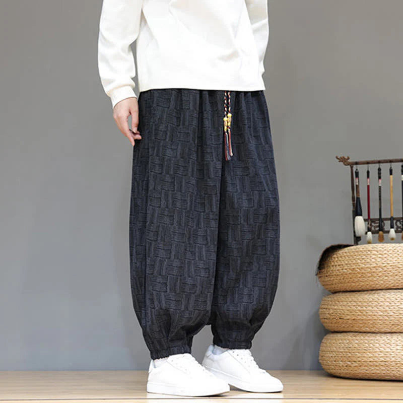 Buddha Stones Fall Jacquard Plaid Pattern Cotton Corduroy Men's Harem Pants With Pockets
