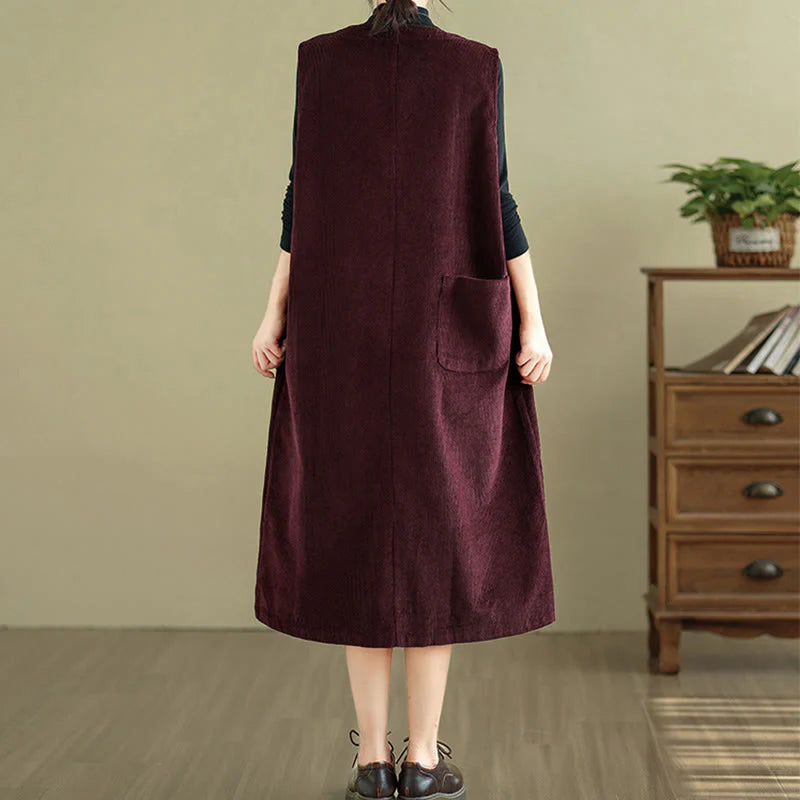 Buddha Stones Pure Colo Buttons Sleeveless Midi Dress With Pockets