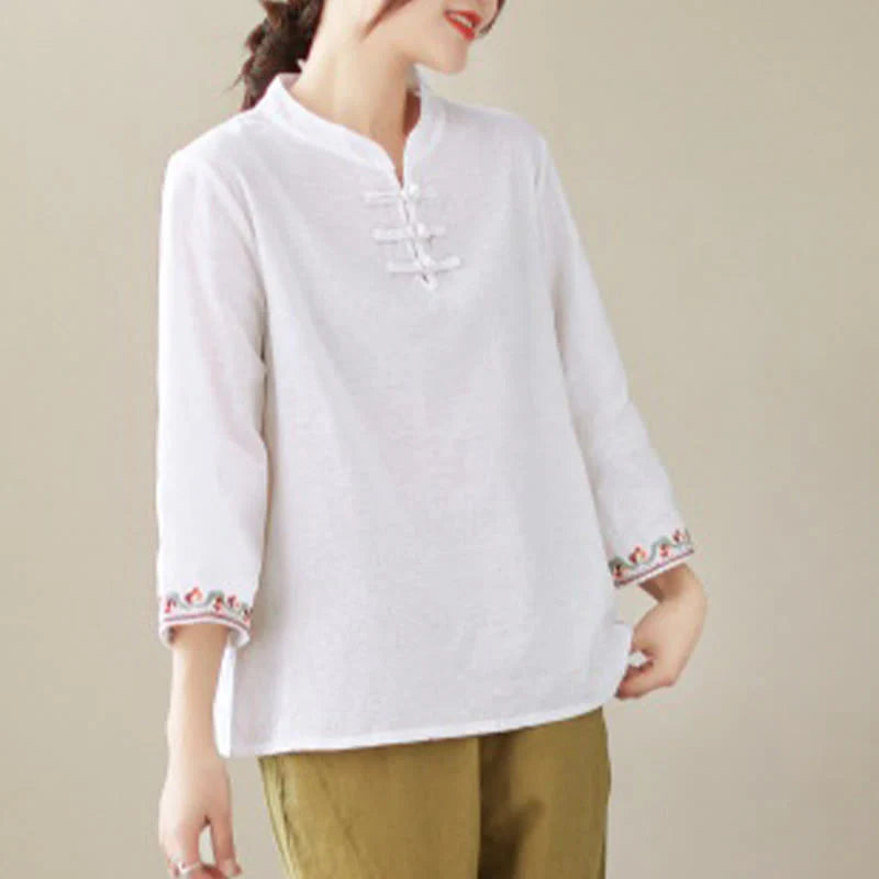 Buddha Stones Casual Jacquard Frog-Button Women's Crew Neck Design Three Quarter Sleeve Cotton Linen Shirt