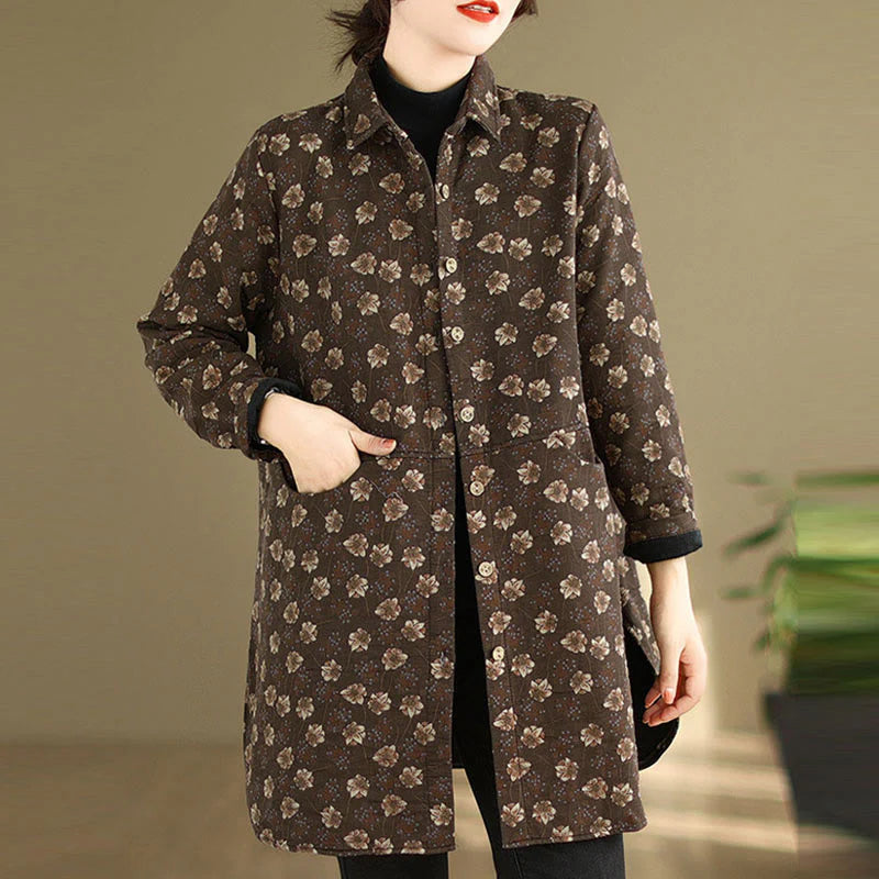 Buddha Stones Fall Winter Buttons Flower Patterns Long Sleeve Cotton Women's Jacket With Pockets