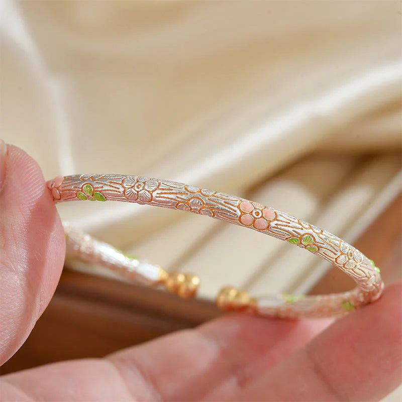 Buddha Stones Copper Handmade Enamel Flower Open Luck Bracelet Bangle