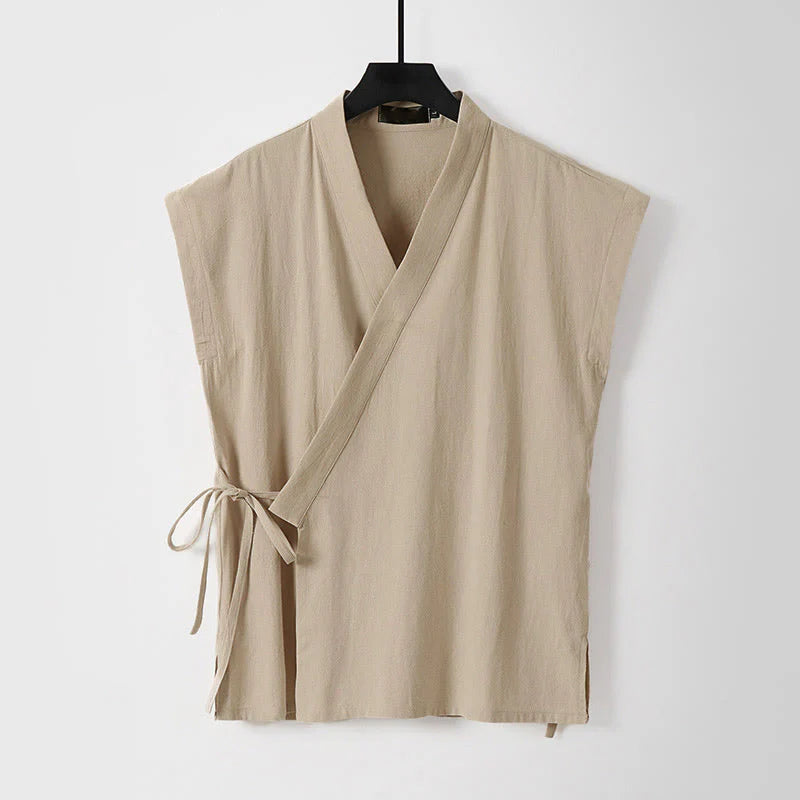 Buddha Stones Summer Solid Color V-Neck Sleeveless Men's Cotton Linen Vest