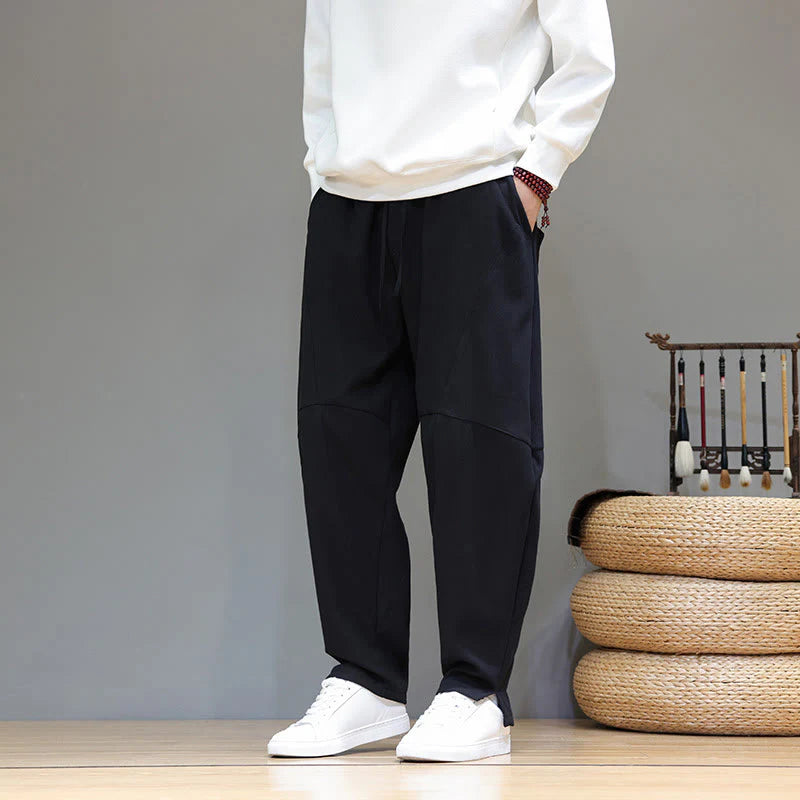 Buddha Stones Winter Solid Color Fleece-lined Men's Cotton Linen Pants With Pockets