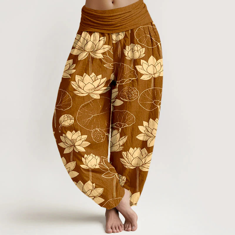 Buddha Stones Cotton Lotus Flowers Leaves Pods Pattern Women's Elastic Waist Harem Pants