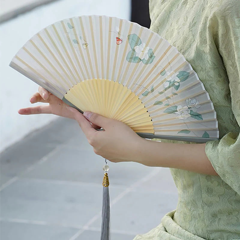 Buddha Stones Jasmine Flowers Handheld Bamboo Folding Fan
