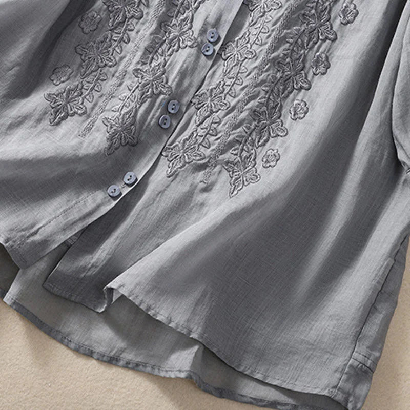 Buddha Stones Summer Plain Button Embroidery Flower Pattern Three Quarter Sleeve Lapel Cotton Linen Women's Shirt